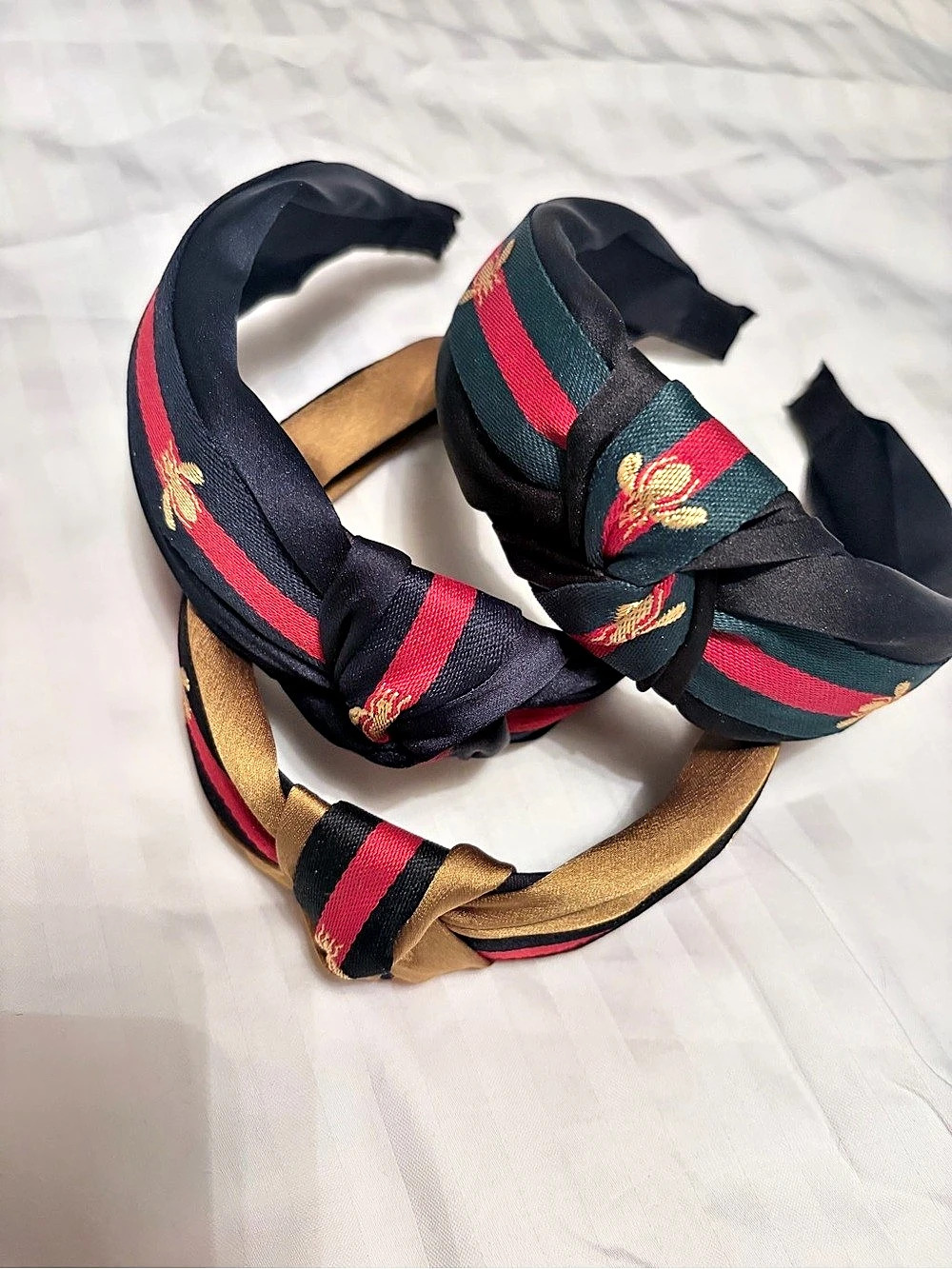 GG Inspired Bee Print Striped Knot Headbands in Black, Navy and Gold.